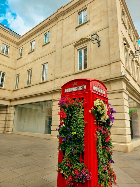 A vibrant display of flowers arranged on a classic red British telephone box located on a paved street in front of a beige stone building with multiple windows. The floral arrangement includes a varie