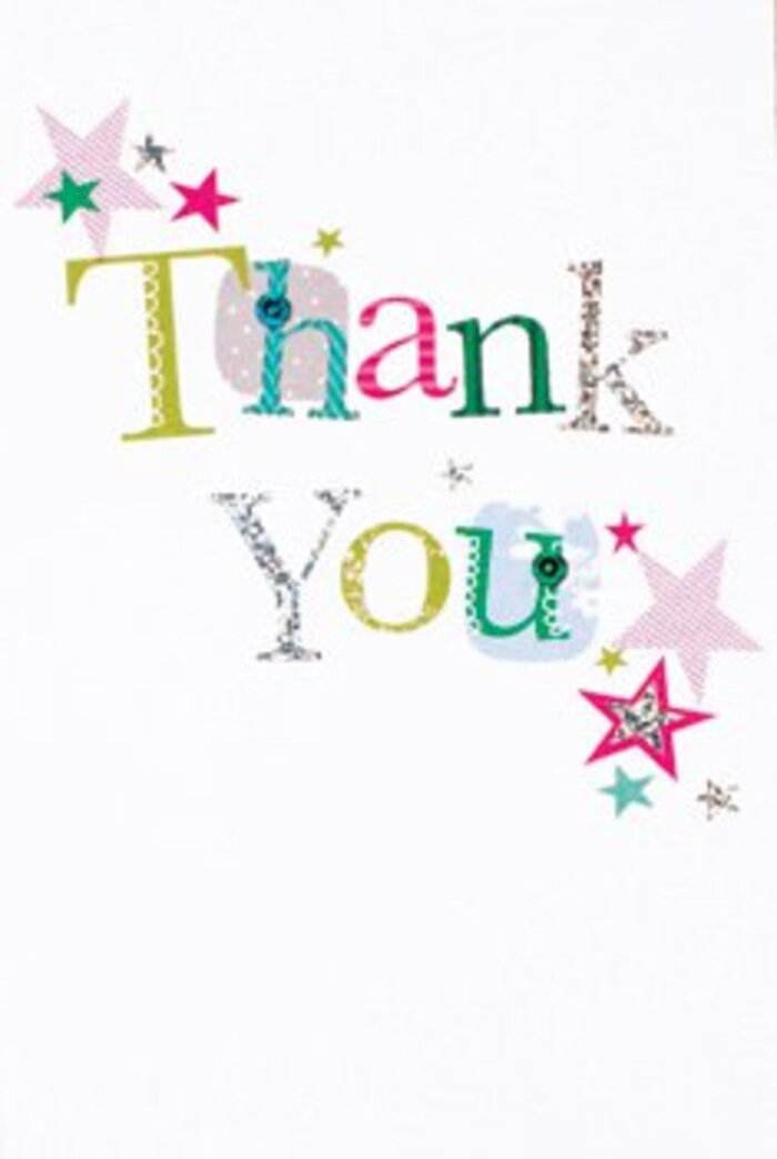 The arrangement of letters on this thank you card is artful yet full of life, each character adding to the quietly exuberant atmosphere typical of gatherings near Hornsey Green. Letters swirl across the card in a playful mix-some decorated with tiny dots or soft stitched lines, others flowing with curves that hint at music or laughter echoing from Crouch End's cafés. Clusters of vibrant stars-striped in pink, bathed in turquoise, and highlighted with glistening touches of silver-hover near the message, as though blessing the words with extra joy. The overall composition is airy, the crisp white background reminiscent of a freshly set table by Hornsey's local bakeries, giving space for texture and sparkle to shine. The card feels both sophisticated and full of local charm: not too formal, nor overly casual, fitting for saying thanks whether for a neighbour's kindness or a thoughtful gesture. Standing beside a bouquet from Flowers Hornsey, it transforms gratitude into an uplifting, memorable experience-graceful, heartfelt, and deeply rooted in the neighbourhood's spirit.