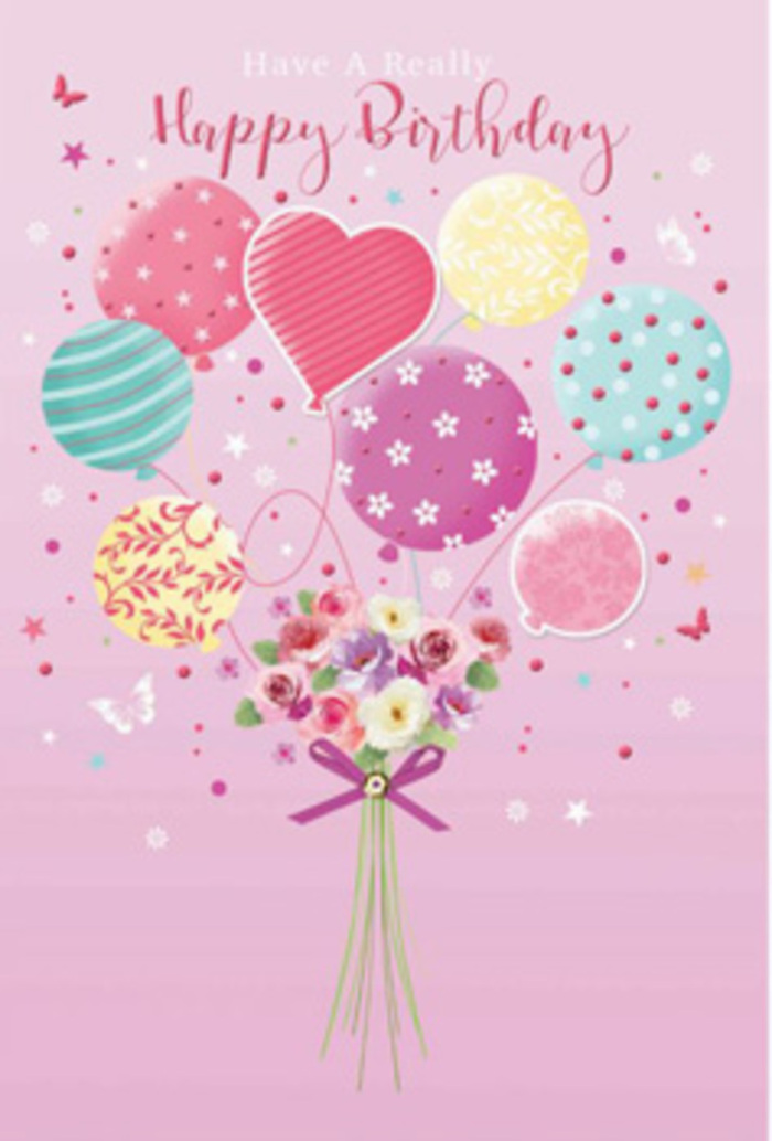 The illustration presents a tender birthday scene that feels as if it belongs in a quiet corner of Hornsey, where creativity and flowers go hand in hand. A soft, powdery pink background sets a serene tone, like the gentle sky over Priory Park on a mild spring morning. From this calm backdrop, an airy bouquet of balloons lifts upward, each one painted in gentle pastels-petal pink, sea-glass green, lemon cream, lavender, and hints of sky blue. The balloons are far from plain: swirling ribbons wrap around a few, others glimmer with tiny polka dots, and some show little floral sprigs that subtly echo the arrangement of real blooms below. At the base of the design, a hand-gathered bouquet of roses and daisy-like flowers appears almost tangible. Their petals blend from cream to blush to deeper rose tones, with touches of mauve and soft apricot that suggest freshly cut stems from a local flower stall by Hornsey station. The flowers look lush yet delicate, each petal carefully shaded to show texture, fullness, and a whisper of movement, as if they might sway gently in a passing breeze. A neatly tied purple bow holds the stems together, its satin texture catching highlights that match the soft gleam on the balloon surfaces. Tiny stars and butterfly silhouettes dance around the bouquet, adding a hint of fairy-tale charm, like the buzz of a birthday party just starting on a nearby street. The composition exudes quiet jubilation-refined, light-hearted, and utterly celebratory-perfect for marking a birthday with the same warmth you'd expect from a thoughtful Hornsey florist who knows how to make every occasion feel personal.