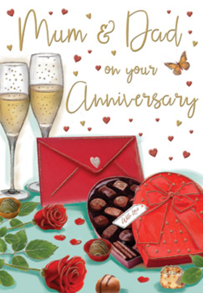 Detailed anniversary card design portraying a cosy, romantic celebration for parents, viewed through the lens of an experienced Hornsey florist. The scene is arranged on a flat surface that could easily be a dining table in a home overlooking Alexandra Park. Dominating the foreground, three or four velvety red roses are laid diagonally, their blooms half-open and luxuriant, each petal painted with subtle shading that gives them a lifelike, touchable softness. Their stems and deep green leaves fan outward, adding fullness and a sense of fresh bouquet abundance, as though just delivered from a nearby flower shop. To the right, an open heart-shaped box of chocolates takes pride of place; the lid, decorated with a striking red ribbon bow, is tipped back so the viewer can see its satin interior and an assortment of glossy chocolates arranged in even lines. A couple of chocolates rest outside the box, suggestive of shared indulgence and lingering conversation. Behind this, two tall, clear champagne flutes stand close enough that their bases nearly touch, filled to mid-height with golden sparkling wine. The bubbles rise in tiny streams, catching soft, warm highlights as they climb, evoking an anniversary toast after a stroll down Hornsey High Street. Gold and crimson heart motifs drift around the composition, some encircling the handwritten Mum & Dad message that anchors the card's sentiment. These hearts add movement and a gentle shimmer, balancing the deep reds with warm metallic notes. In the front corner, a rich scarlet envelope lies neatly, its pointed flap sealed, hinting at personal words-perhaps thanks, admiration, or memories of years spent together. The entire artwork is suffused with a golden glow, suggesting lamplight on an autumn evening, and it radiates the feeling of a family celebration rooted in love, tradition, and the quiet comfort of home in Hornsey.