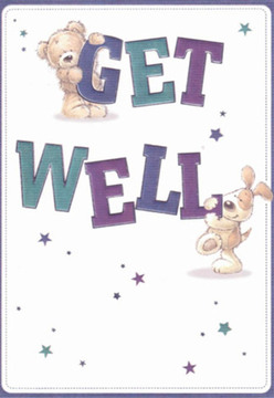 Inviting and heartfelt, this Hornsey-sent get well card captures a sense of comfort reminiscent of a warm cup of tea by Alexandra Palace on a chilly day. The illustration's cuddly teddy bear balances atop the word 'GET', while an animated puppy playfully anchors 'WELL' below, their soft silhouettes echoing the affectionate touch of a thoughtfully tied bouquet from a local florist. Deep purples and calming teals colour the robust, friendly letters, their vibrancy echoed in the playful scatter of stars-like flickers of hope on a clear North London night. The energetic duo, their smiles brimming with encouragement, are framed by a clean, crisp background, evoking the clarity and freshness we cherish in Hornsey's quieter corners. Textures emerge through the card's details: the bear's plush fur and the puppy's velvety ears seem almost tangible, as if offering a tactile dose of cheer. Thoughtful artistry meets nurturing intent here-a message of bright hope, crafted to gently lift a loved one's spirits until they're ready to wander Hornsey's leafy streets once again.