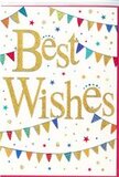 The Best Wishes card in the image feels like a snapshot of a joyful gathering, the kind of gentle festivity that would suit a relaxed celebration at home in Hornsey. A crisp white background keeps the design airy and bright, while at the heart of the card the words Best Wishes are written in flowing golden script. The lettering looks embossed, with a glittering surface that seems to glint as though it's catching natural light streaming through a window, conjuring a sense of warmth and importance around the message. Above and below this central phrase, graceful swags of bunting sweep across the card, like colourful strings of flags strung between trees at a small community event in Priory Park. Each little pennant is distinct-some solid blocks of vivid colour, others patterned with polka dots, stripes, or tiny patchwork designs. Jewel-like shades of blue, red, green, yellow, and touches of pink pop vividly against the white, but the spacing keeps everything feeling ordered rather than crowded. Scattered around the bunting and script are small stars and dots in complementary colours, mimicking airborne confetti or soft, distant fireworks. These details introduce a playful sense of motion, as if the design is alive with quiet celebration. The card's mood is upbeat and inclusive, just right for slipping into a bouquet being delivered to a new homeowner near Alexandra Palace, congratulating a friend on a promotion in nearby Crouch End, or sending a little boost of encouragement before an important milestone. Every element-golden lettering, dancing bunting, and sprinkled stars-works together to express simple, heartfelt good wishes in a bright yet refined way.