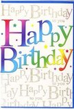 In this image, a luminous birthday card stands upright, its design radiating pure celebration, much like the cheerful bustle around Hornsey High Street. At the centre, the words Happy Birthday stretch across the card in broad, inviting letters whose interiors are washed with a seamless gradient of vivid colour. The tones move gently from rich crimson and rosy pink through jewel-like purples and ocean blues, then into leafy greens and warm golden yellows, creating a smooth, rainbow-like ribbon that feels alive and dynamic, as if lit from within. Each letter has soft edges and a slightly glossy texture, suggesting a smooth, almost satin finish under the hand. The backdrop is a field of delicate, cursive script repeating Happy Birthday to you, written in a refined, looping style. This script is rendered in shimmering gold, catching the light like tiny fairy lights strung across a birthday table in a home off Wightman Road. The lines of text cross diagonally, overlapping in places and fading gently at the edges, so they form a subtle, sparkling pattern rather than a solid block of writing. Between the script and the bold front letters, scattered specks of light and tiny star-like dots add a confetti effect, reinforcing the feeling of a joyful party caught in a still frame. The overall finish of the card appears to be high-quality and slightly reflective, hinting at metallic foiling on the details. This design would sit beautifully beside a bright birthday bouquet arriving from a local Hornsey florist, offering not just a message, but a little burst of visual joy to match the occasion.