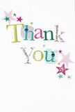 This thank you card conveys a quiet joy, as though each detail aims to lift the spirits of someone dear in Hornsey-perhaps after a stroll near Alexandra Palace or a visit to the local market. The words 'Thank You' are composed in a cascade of colours: bright green, shimmering silver, sunlit yellow, and cheerful blue, each letter patterned with gentle dots or fine stitches that evoke the care of handmade craft found in nearby artisan shops. Scattered across the immaculate white background, little stars in hues of pink, teal, and cool silver offer a celebratory touch without overwhelming the design. The arrangement feels spacious and open, letting each element breathe and inviting the eye to linger; a burst of whimsy gently mingles with heartfelt sincerity. If you imagine it paired with a splendid bouquet from Flowers Hornsey, it becomes the perfect vehicle for expressing gratitude across the neighbourhood-each vibrant tone and playful motif radiating appreciation as genuine as a friendly greeting along Hornsey's charming lanes.