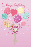 This pastel birthday design unfolds like a story of celebration drifting above Hornsey's tree-lined streets. The scene is set against a gentle pink background, reminiscent of the soft dusk light over the rooftops near Hornsey High Street. In the centre, a cluster of rounded balloons rises gracefully, brushed in tones of blush, seafoam, lemon, lavender, and soft teal. Each balloon holds its own charm: some are wrapped in candy-striped bands, others sparkle with lively polka dots, and a few carry dainty floral and swirl patterns that echo the natural forms of petals and leaves. Just below, tethered by slim, curving strings, rests a compact bouquet of fresh blooms. Roses and daisy-like flowers are tightly gathered, their petals painted in creamy ivory, powder pink, warm rose, and gentle mauve, with subtle shading that suggests velvety softness and early-morning freshness. The stems are tied together with a violet satin bow, its sheen catching the imaginary light in the same way real ribbon might glimmer in a Hornsey florist's shop window. Scattered stars and tiny butterflies drift around the arrangement, like confetti and laughter suspended in the air at a birthday gathering. The overall feeling is one of lightness and joy-a whimsical yet polished tribute that suggests the delight of receiving a bouquet and card together, thoughtfully prepared and delivered across Hornsey to mark someone's special day with pastel colour, imagined fragrance, and a quietly heartfelt message of celebration.