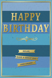 This thoughtfully designed birthday card combines serene blues with soft, glowing gold, evoking the unhurried charm of a quiet birthday morning in Hornsey. Its background is built from broad, horizontal stripes of blue, stacked from darkest at the bottom to lightest at the top, creating a gentle ombre effect that suggests depth and calm, like the sky shifting above Alexandra Palace as the day brightens. Center stage, the message HAPPY BIRTHDAY is stamped in large, embossed gold capitals, the metallic finish catching light in a way that feels elegant rather than flashy, giving the card a sense of importance and care. Just below the main text, an intricate golden flourish sweeps across the design, a decorative curve that adds a romantic, almost vintage touch. Under this flourish are three neatly aligned gold banners, each slender and gleaming, together spelling out the friendly wish: Relax, have a great day and enjoy! The words feel like a gentle nudge to slow down and savor the celebration. A delicate gold line runs around the outer edge of the card, framing the blues and tying the visuals together like a well-composed arrangement. The surface looks smooth and slightly velvety, with the gold elements raised enough that you could imagine feeling the embossed texture under your fingers. Paired with a fresh birthday bouquet from a Hornsey florist and placed on a table catching soft afternoon light, this card would bring a sense of tranquility, thoughtfulness, and quietly joyful celebration to any special day.