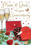 Illustrated anniversary card scene that feels like a lovingly arranged still life, described from the perspective of a florist who often prepares anniversary flowers for Hornsey families. The composition centres on two tall champagne flutes, clear and slender, filled with pale golden fizz. Fine trails of bubbles rise through each glass, as if caught at the very second before cheers is whispered across the table. These flutes stand against a softly glowing background, which is scattered with tiny crimson and gold hearts floating gently upwards, suggesting joy, romance, and the light-hearted fun of an at-home celebration somewhere between Crouch End and Hornsey Vale. At the base of the glasses, a pair of plush red roses lies gracefully on the tabletop, their petals rich and velvety, with a hint of darker shading in the folds. The roses' deep green leaves curl slightly at the edges, giving the impression of freshly cut stems, like those prepared for same-day delivery across N8. To one side, an elegant heart-shaped box of chocolates sits partially open, its red lid adorned with a perfectly tied bow that arcs in soft, satiny loops. Inside, neatly arranged chocolates nestle in little compartments, while one or two have tumbled enticingly near the base of the box. In front, a scarlet envelope rests, sealed and pristine, suggesting a heartfelt message waiting to be read-perhaps a note thanking Mum & Dad for the years of love they've shared. The card's warm lighting wraps each element in a gentle glow, making the whole illustration feel like a cosy anniversary evening in Hornsey: flowers scenting the air, glasses ready to clink, chocolate sweetness to share, and a sense of enduring partnership quietly celebrated at home.